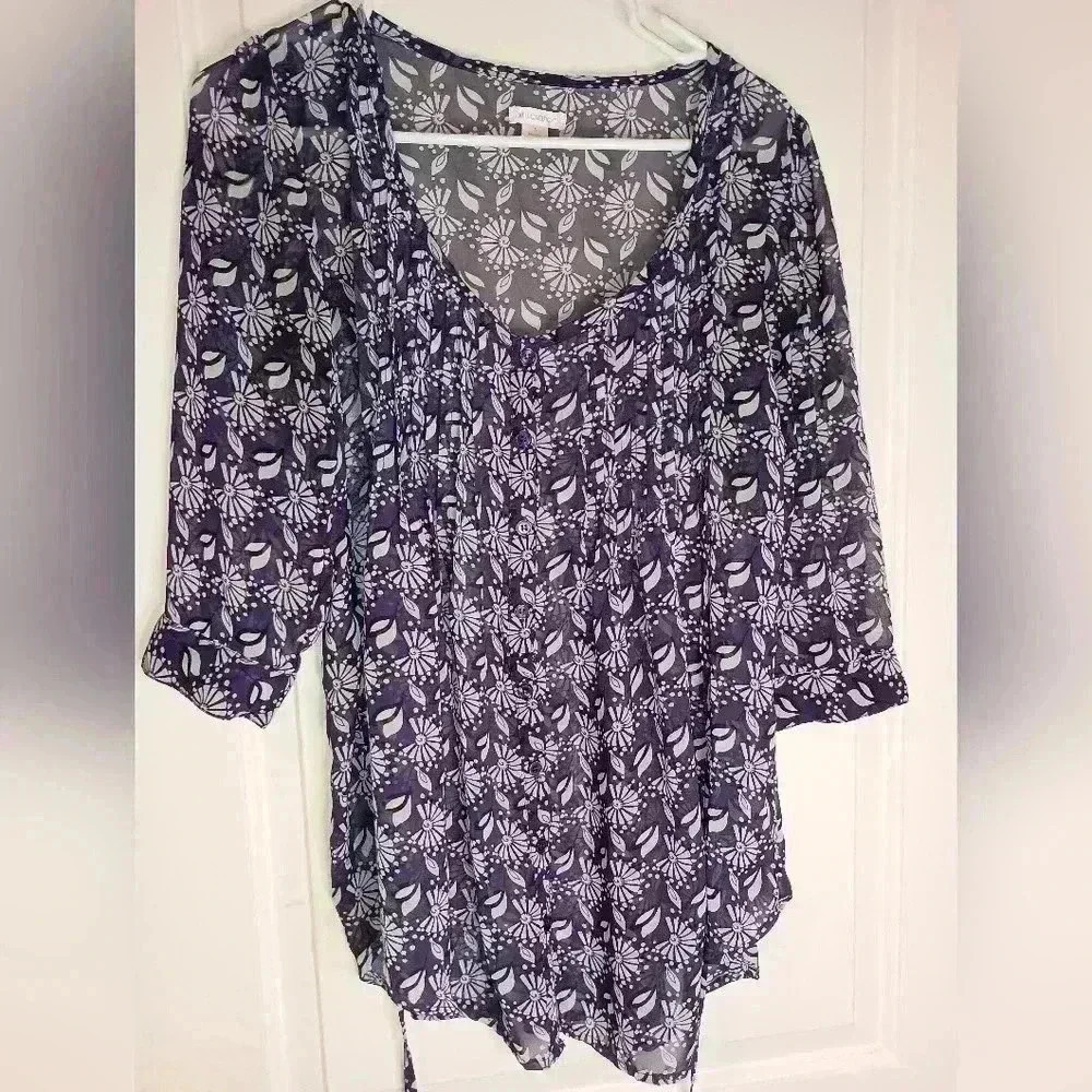 EXHILARATION whimsigoth purple white plum floral artsy office tie wrap S top